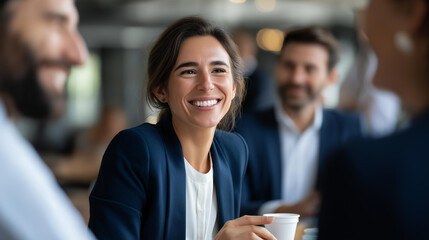 Faceless smiling businesswoman talking with colleagues over coffee heavily defocused background anonymous professionals with workplace social interaction office bonding moment