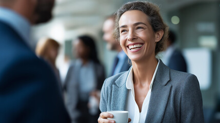 Faceless smiling businesswoman talking with colleagues over coffee heavily defocused background anonymous professionals with workplace social interaction office bonding moment