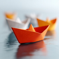Paper boats floating on water with shallow depth of field creative concept