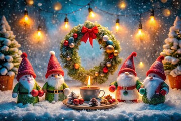 Magical Christmas Gnomes Tea Party Winter Wonderland Snowy Scene Festive Lights Wreaths