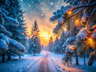 Magical Dusk Snowfall: Enchanting Winter Forest Bokeh Photography