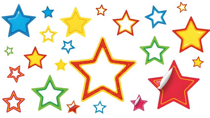 Colorful Star Stickers Set, Variety of Bright Decorative Star Icons with White Borders on Transparent Background