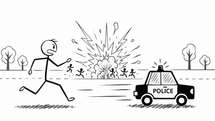 Stick figure running from police car near explosion. © King