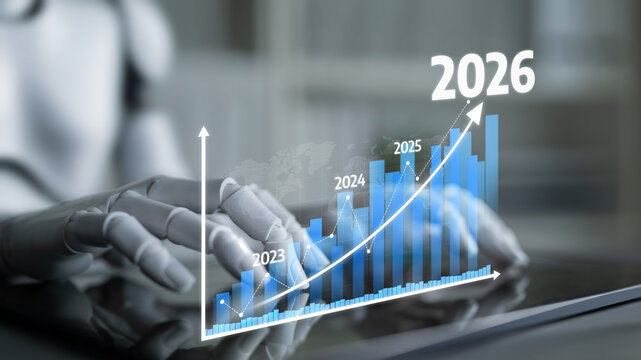 A robotic hand interacts with a digital bar graph representing projected growth from 2023 to 2026, showcasing technology-driven data analytics and insights. Tessel - Powered by Adobe
