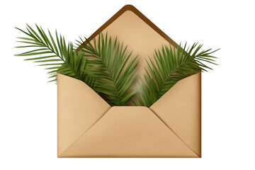 Tropical leaves in brown envelope isolated on transparent background