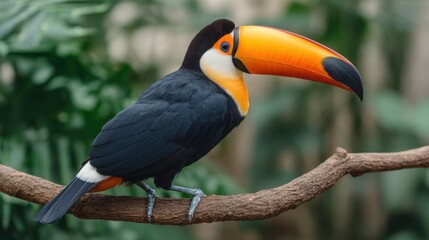 Fototapeta premium Colorful toucan perched on a branch surrounded by lush greenery, showcasing bright beak and striking plumage in natural habitat setting