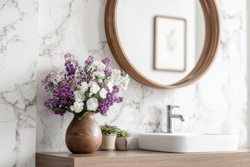 Bathroom with flowers, mirror, and sink