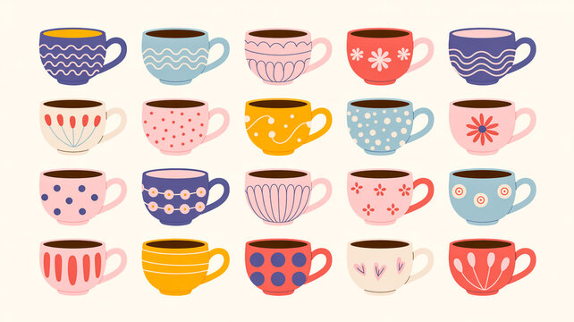 A collection of 18 hand-drawn ceramic cups and mugs arranged in a 3x6 grid on a light beige background.