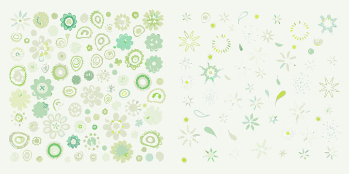 A pastel floral pattern with various abstract shapes and delicate green hues