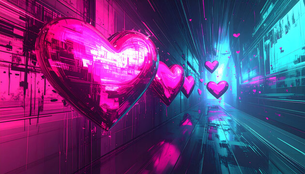 Glowing hearts float through a futuristic corridor with neon lights and vibrant colors. - Powered by Adobe
