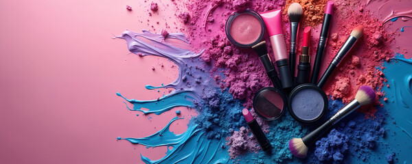 Assorted makeup brushes, lipstick, blush, eyeshadow powders create vibrant splash of color on pink background. Various cosmetic products artistically arranged with spilled pigments, liquid textures,