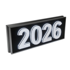 Digital clock displaying the year 2026 with glowing illuminated LED lights on a black background