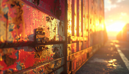 Rusty Cargo at Sunset: The scene captures an evocative image of a rusty cargo container bathed in the warm, golden hues of a setting sun.
