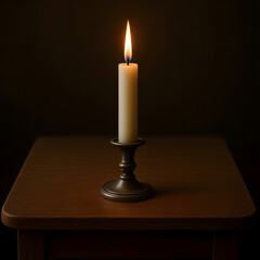 Candle lit on decorative holder atop wooden table in dark setting  