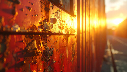 Rusty Sunset Train Car: The sun's radiant embrace kisses a weathered train car's corroded metal, creating a stunning interplay of light and shadow, capturing a moment of poignant beauty.