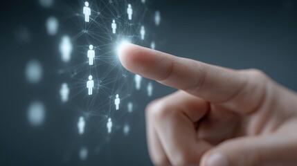 Concept of digital connection with finger pointing towards virtual people network on dark background, symbolizing communication and collaboration in technology