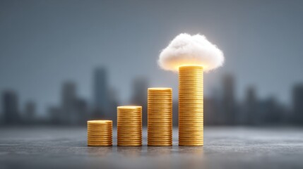 Gold coins stacked in ascending order with a cloud overhead and a city skyline in the background representing financial growth and investment opportunities