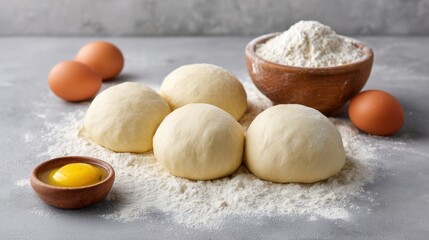 Fototapeta premium Freshly Made Dough Balls with Flour and Eggs on Gray Surface for Baking and Cooking Inspiration in Culinary Photography for Food Lovers