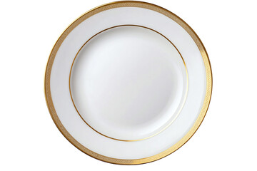 Elegant white dinner plate with gold rim isolated on transparent background