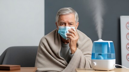 Sick man blowing nose into tissue with humidifier nearby