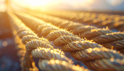 Intertwined Threads: Sunlit ropes stretching into the distance, with the warm glow of the sun casting a spell of adventure, creating a captivating display of texture and light. 
