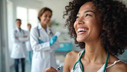 A smiling woman prepares for medical treatment with a syringe in hand. Healthcare workers in background support her journey. This represents hope and health.