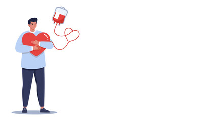 Man donates blood to save a life with a red heart and medical equipment nearby