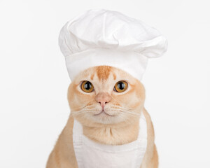 Cute burmese cat in chef hat on a white background