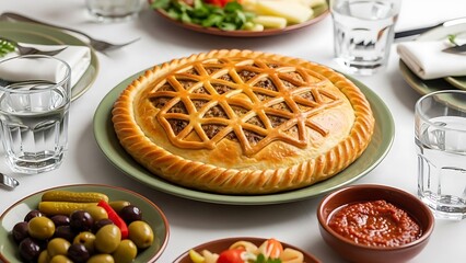 Delicious savory pie with olive platter and sauce on white table