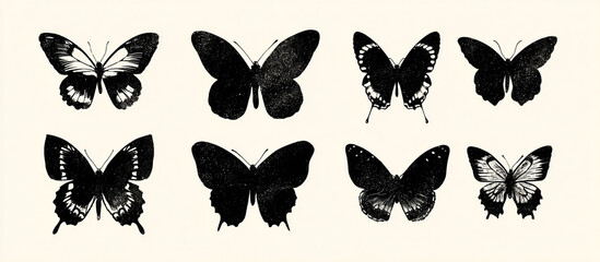 Old-style butterfly silhouettes with soft shading isolated on white background