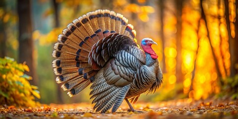 Majestic American Wild Turkey with Fanned Tail, Bokeh Background - Stock Photo