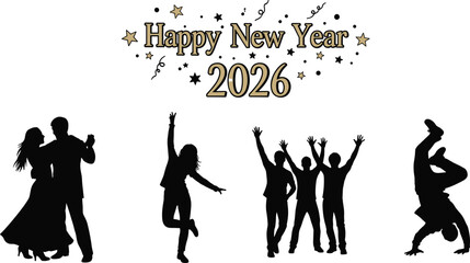 Happy New Year 2026 celebration vector, dancing silhouettes, festive party poses, confetti, stars, streamers, joyful event illustration for holiday, greeting, fun