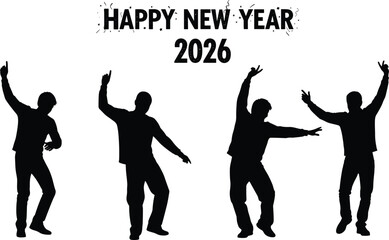Happy New Year 2026 celebration vector, dancing silhouettes with confetti, festive black illustration for party, greeting, joy, holiday, event theme