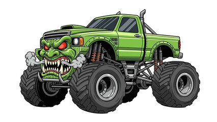 green monster truck with sharp teeth.