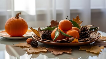 Autumn harvest display with pumpkins and oranges on a table