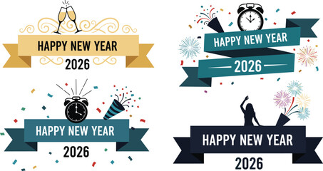 Happy New Year 2026 banner vector set, festive celebration designs with champagne, clock, fireworks, confetti, dancing silhouette, greeting, holiday theme