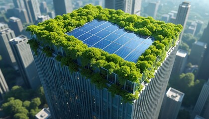 Modern skyscraper rooftop hosts solar panels, rich green vegetation. Urban building integrates sustainable tech for clean energy generation amid city skyline. Architecture blends nature with futurism.