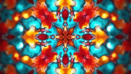 Symmetrical abstract pattern with red orange and blue colors resembles a kaleidoscope. Close-up view of a complex geometric design with vibrant hues and fluid shapes creating a mesmerizing effect.