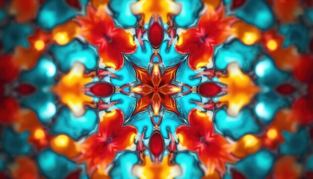 Symmetrical abstract pattern with red orange and blue colors resembles a kaleidoscope. Close-up view of a complex geometric design with vibrant hues and fluid shapes creating a mesmerizing effect. - Powered by Adobe
