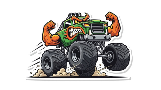 Cartoon Green Monster Truck with Muscles.