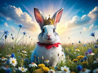 Majestic Blue and White Rabbit with Red Crown in Serene Landscape