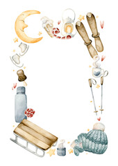 Wooden sleigh, skis, ice skates, winter knitted wear frame. Watercolor hand drawn illustration isolated on white background for winter fun sport design Christmas card baby nursery kids holiday print