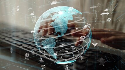 Creative illustration of a digital globe surrounded by various tech icons, representing the interconnected world of technology and communication in modern society. Xenic