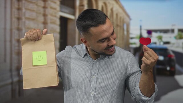 Man smiles as he holds paper bag with smiley note and shows red heart on street beside parked car; heartfelt love.