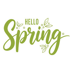 Hello Spring Elegant Handwritten Typography with Fresh Green Leaves