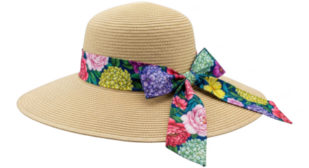 Straw sun hat with colorful floral ribbon bow on black background straw hat wide brim hat