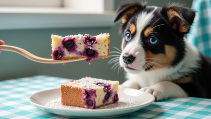 Curious puppy gazes at slice of blueberry cake on plate, held by hand with wooden fork. scene is cozy and inviting