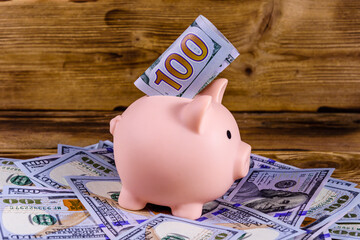 Pink piggy bank with the one hundred dollar bill