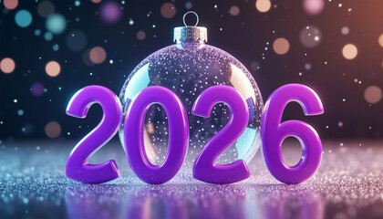 Purple 2026 New Year background with christmas ball. 3D rendering
