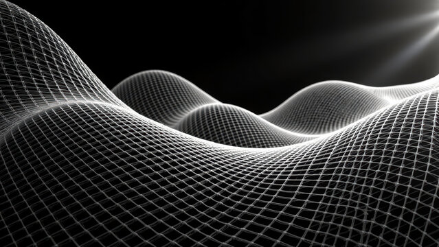 Digital wireframe landscape creates mesmerizing visual of flowing curves and waves, showcasing intricate patterns and depth